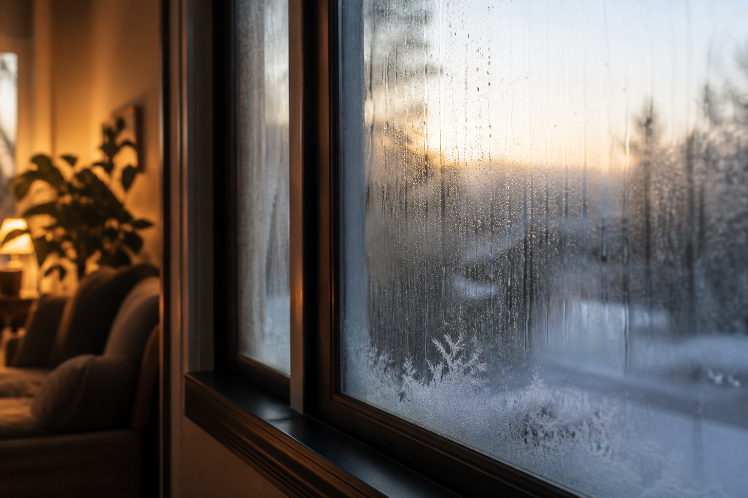 Condensation running down the inside of a window in a British home