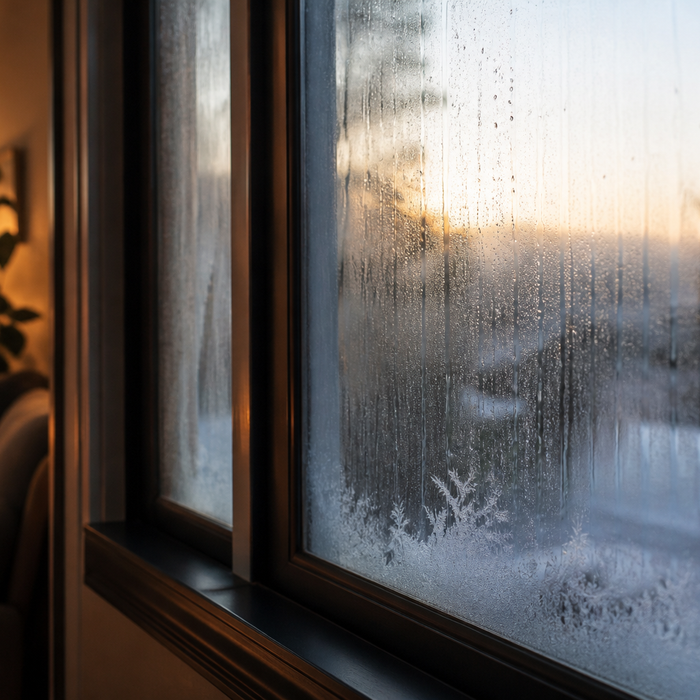 Condensation running down the inside of a window in a British home