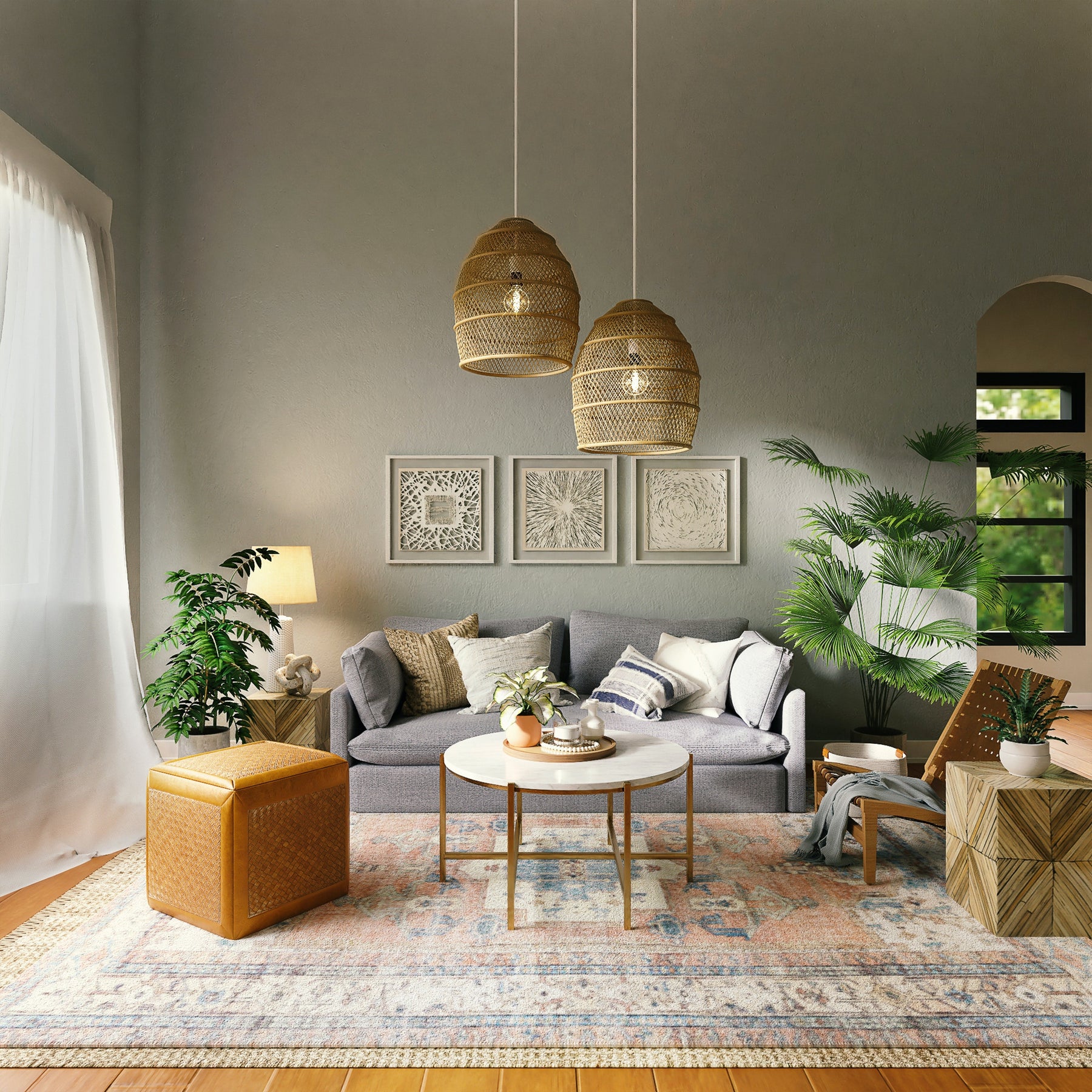Living room with pendant lights