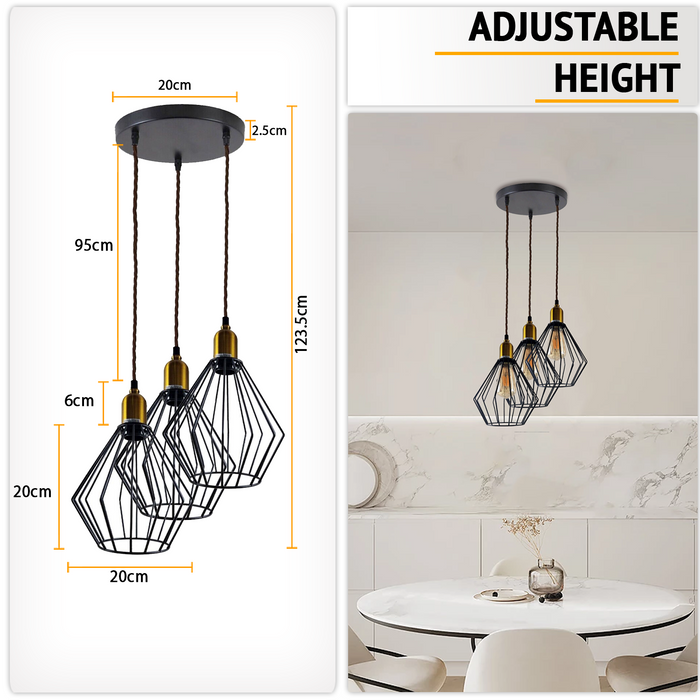 industrial Vintage Retro 3 head Round Ceiling Wire Cage Pendant Light