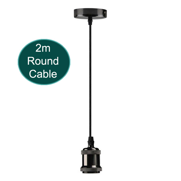 2m Black Round Cable E27 Base Shiny Black Pendant Holder~1725