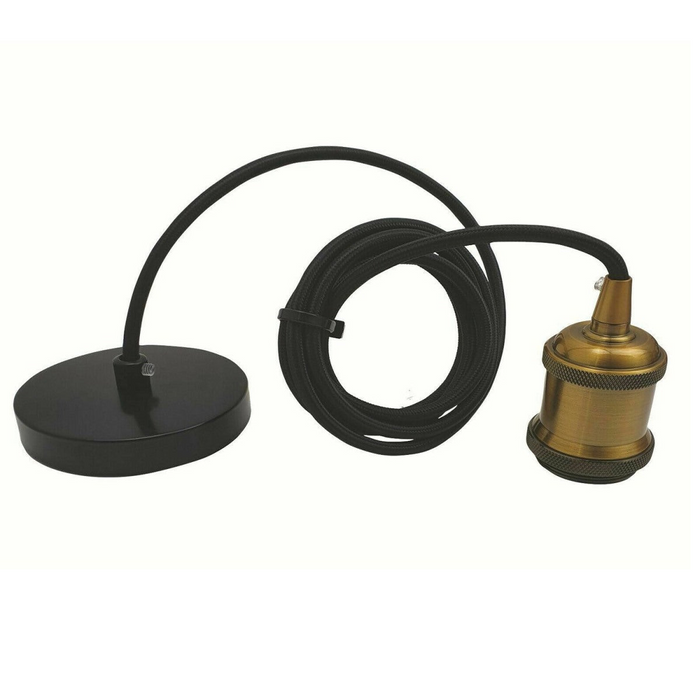 1m E27 Base Black Cable Yellow Brass Holder
