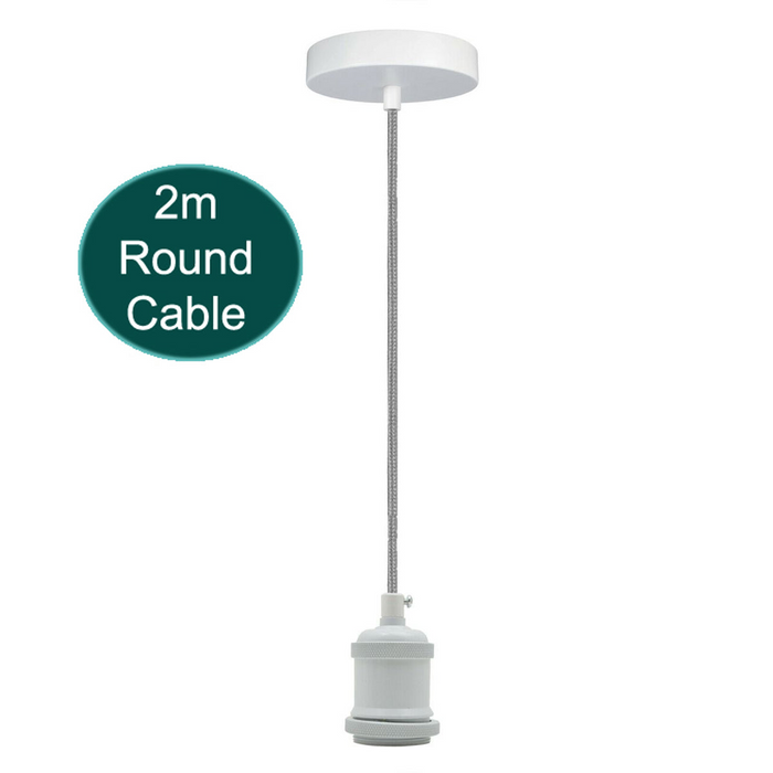 2m Grey Round Cable E27 Base White Pendant Holder