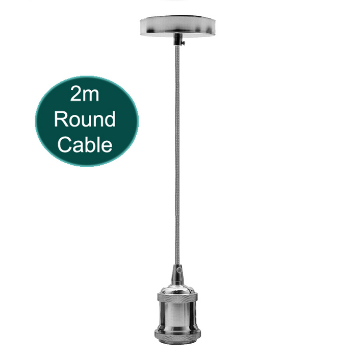 2m Grey Round Cable E27 Base Chrome Holder