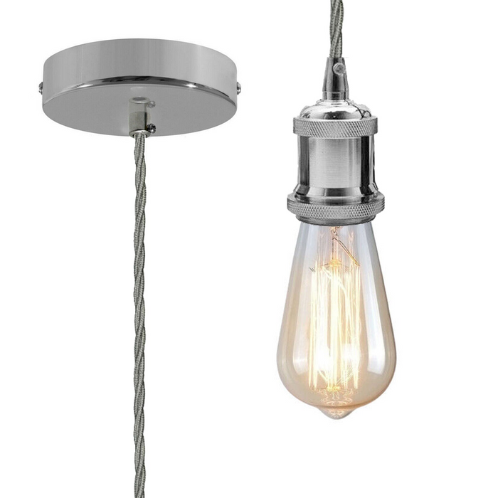 Vintage Chrome Metal Ceiling Fitting Grey Twisted Braided Flex 2m E27 Lamp Holder Pendant Light