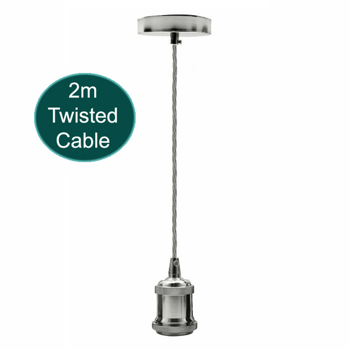 2m Grey Twisted Cable E27 Base Chrome Pendant Holder