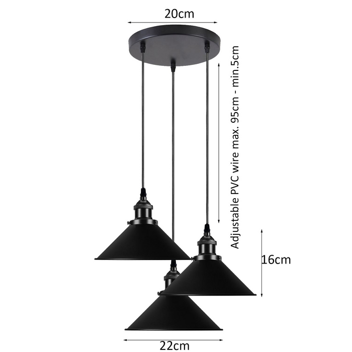 Vintage Ceiling Adjustable Hanging Black Metal Cone Shade Pendant Light Fixture