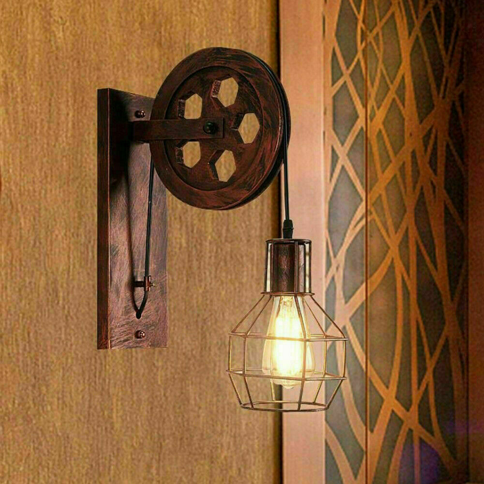 Rustieke rode wandlamp in loftstijl, antieke lift, intrekbare katrolwandverlichting