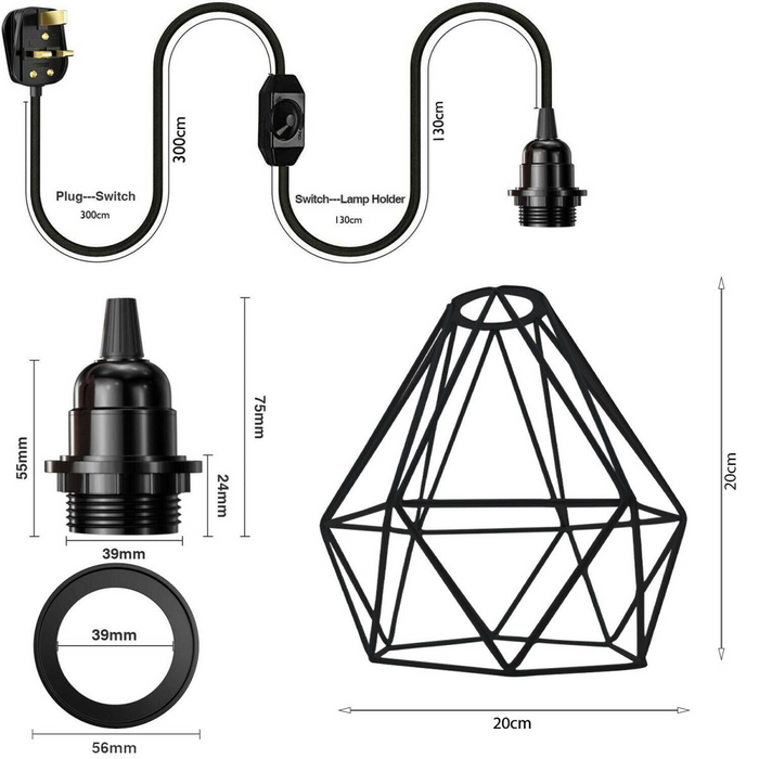 Plug-in hanger met dimmerschakelaar 4m rubberen kabel Diamond Cage-verlichtingsset