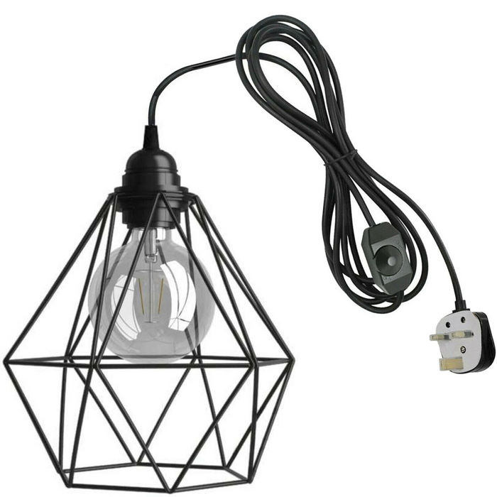 Plug In Pendant With Dimmer Switch 4m Rubber Cable Diamond Cage Lighting Kit