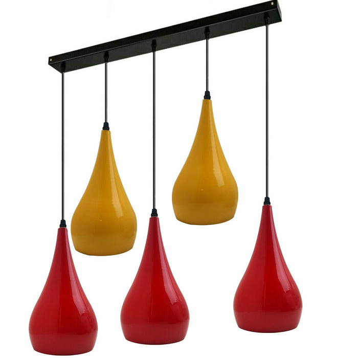 Hanglamp met rood en geel licht, industriële hanglamp met 5 stopcontacten