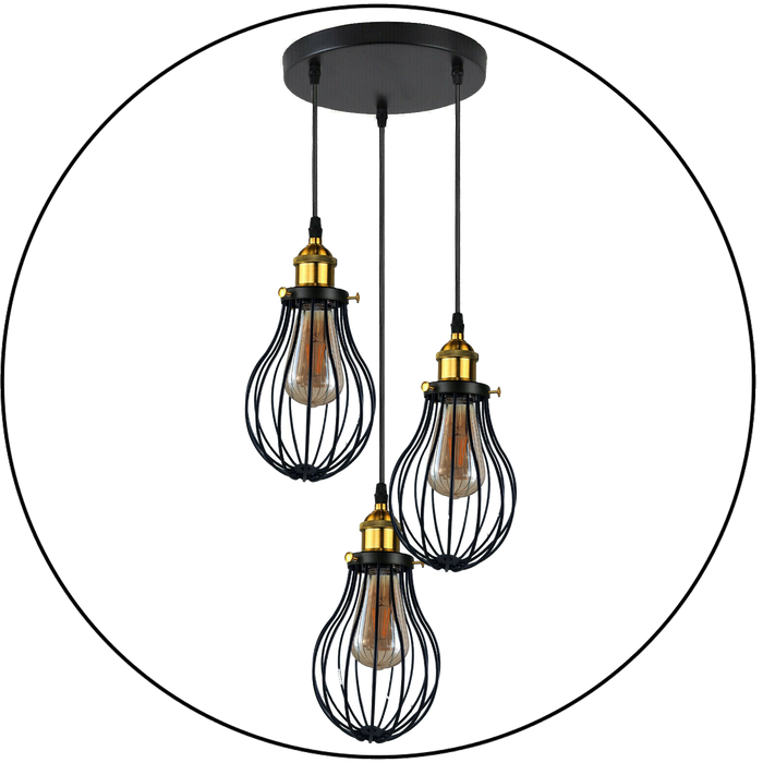 Industriële 3-kops zwarte hangende plafondlampafdekking Decoratieve kooilamp
