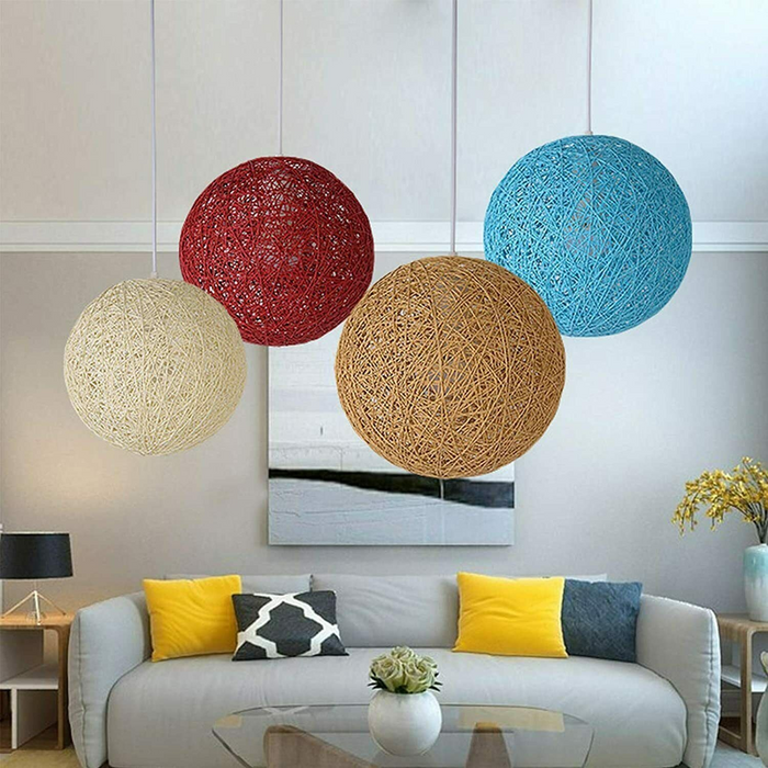 Modern Industrial Rattan Wicker Woven Ball Globe Two Outlet Pendant Light Hanging Ceiling Lamp For Bedroom, Kitchen, Study room