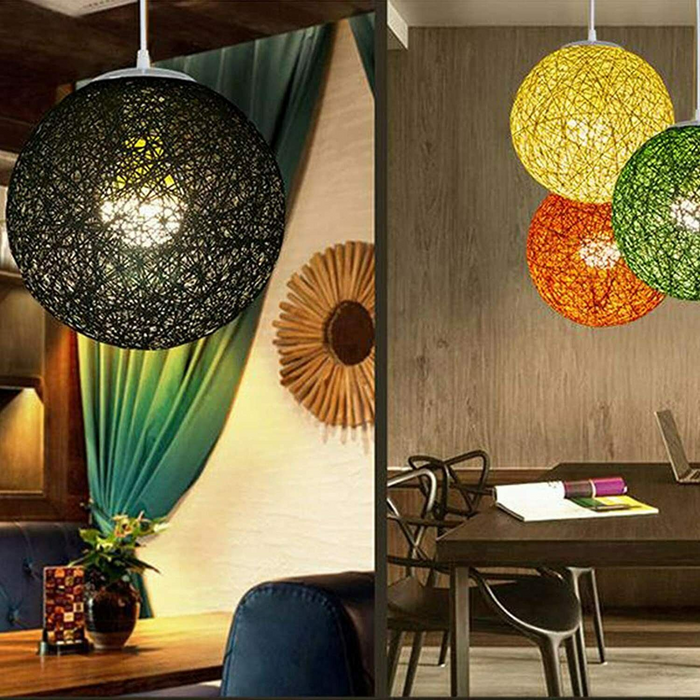 Modern Industrial Rattan Wicker Woven Ball Globe Two Outlet Pendant Light Hanging Ceiling Lamp For Bedroom, Kitchen, Study room