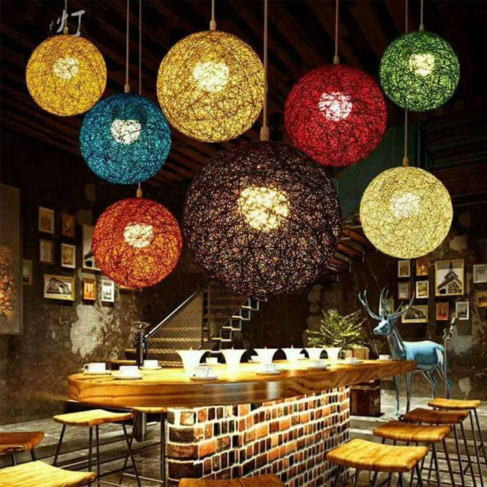 Modern Industrial Rattan Wicker Woven Ball Globe Two Outlet Pendant Light Hanging Ceiling Lamp For Bedroom, Kitchen, Study room