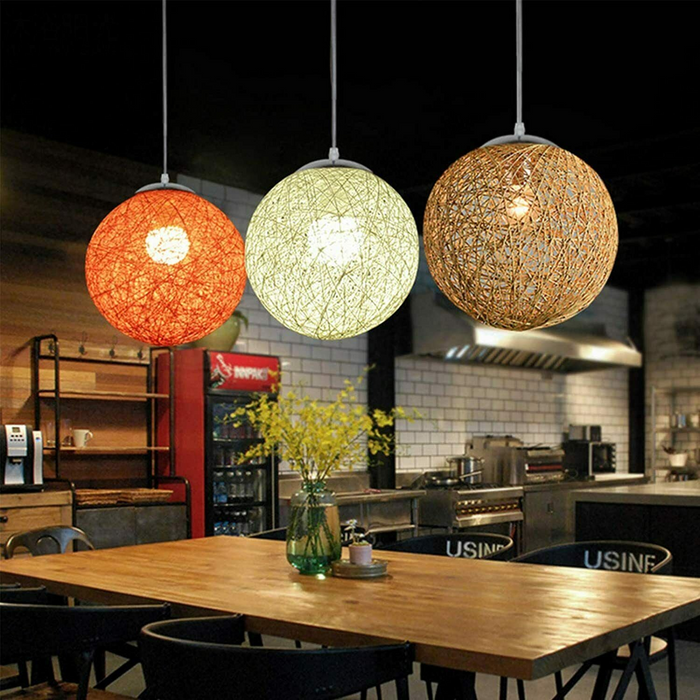 Modern Industrial Rattan Wicker Woven Ball Globe Two Outlet Pendant Light Hanging Ceiling Lamp For Bedroom, Kitchen, Study room