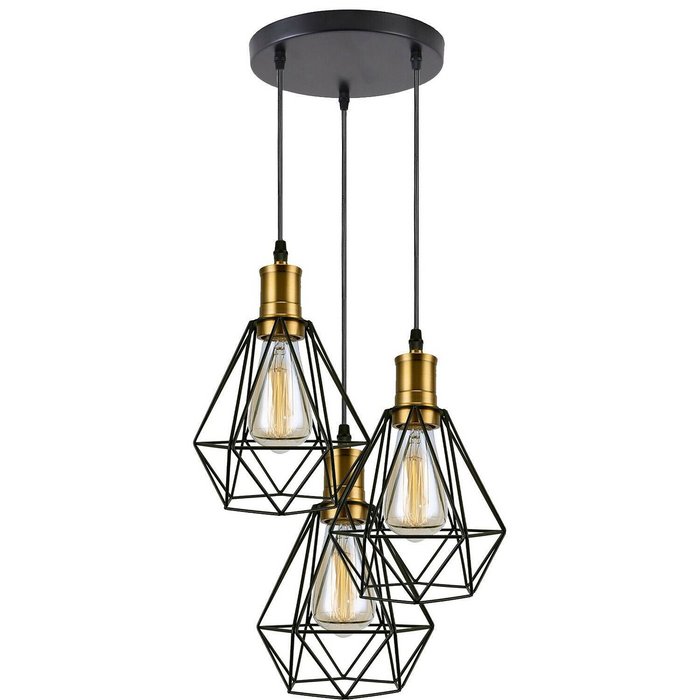 Industrial Retro style 3-Light Pendant lights Adjustable Cord with Diamond Metal Cages