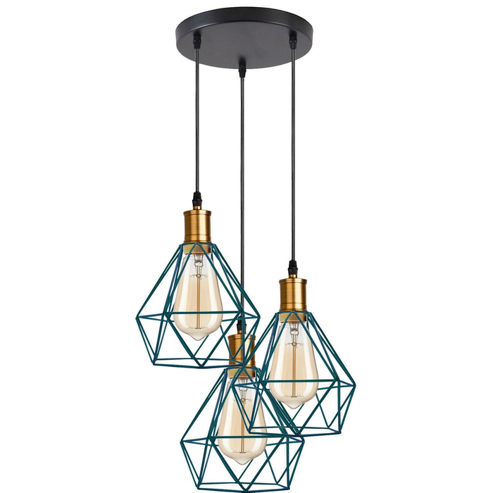 Industrial Retro style 3-Light Pendant lights Adjustable Cord with Diamond Metal Cages