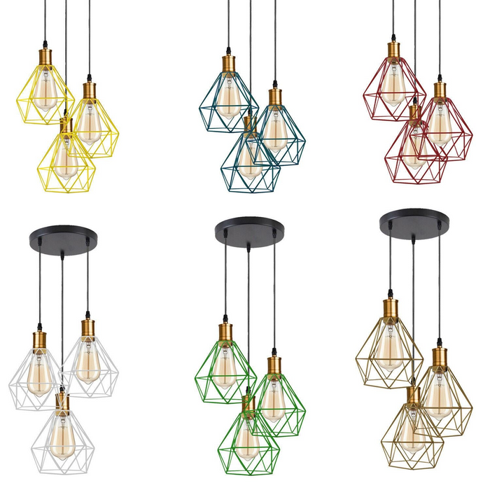 Industrial Retro style 3-Light Pendant lights Adjustable Cord with Diamond Metal Cages