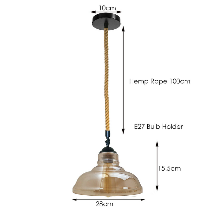Vintage Industrial Glass Lampshade Edison Hemp Rope Metal Hanging Pendant Lightshade