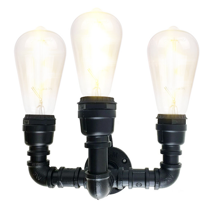 Zwarte waterpijp wandkandelaar metaal 3-kops vintage industriële wandlamp