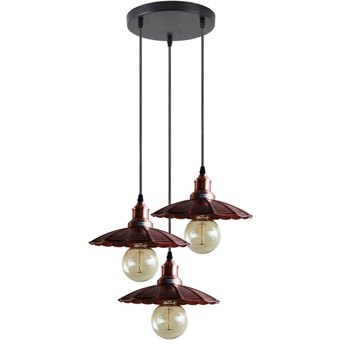 3 Outlet Rustic Red Wavy Metal Ceiling Pendant Light