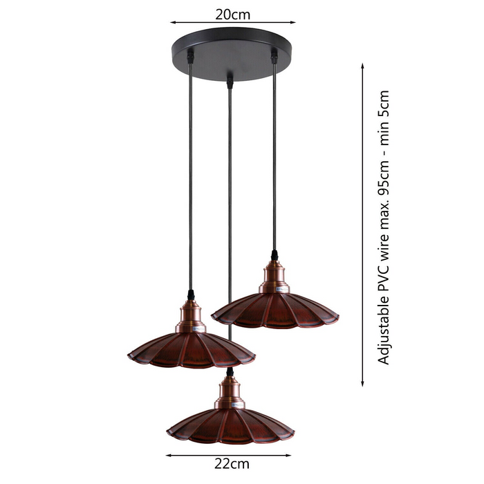 3 Outlet Rustic Red Wavy Metal Ceiling Pendant Light