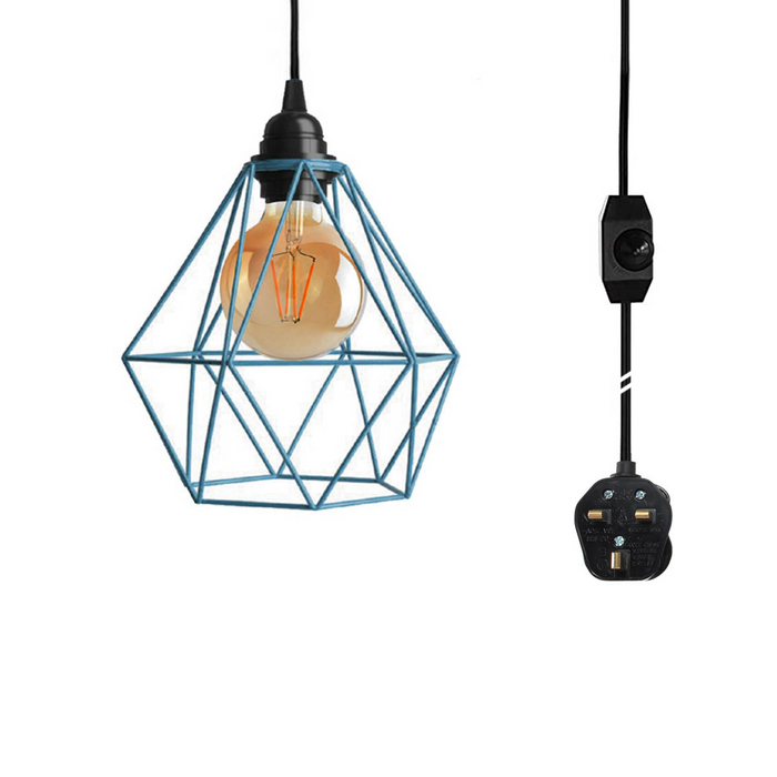 Dimmer Switch Plug In Pendant Lamp Light Set With Blue Wire Cage