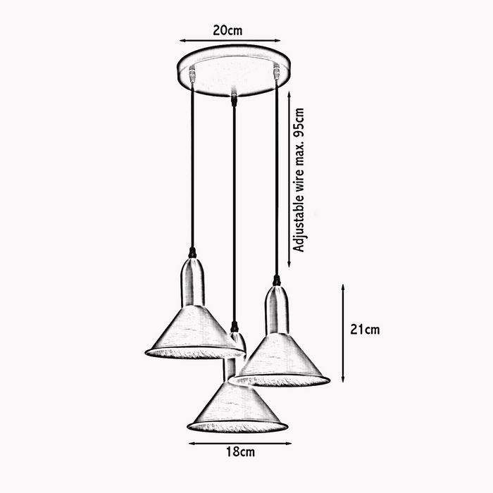 Geborsteld koperen 3-punts plafondlamp met meerdere drop-outlets