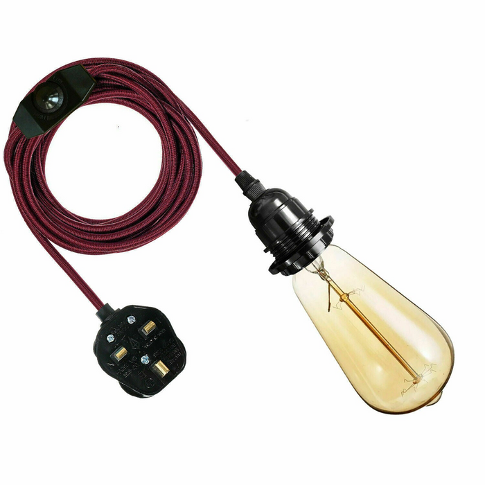 4M Fabric Flex Cable UK Burgundy colour Plug In Pendant Lamp Light Set E27 Bulb Holder+ switch