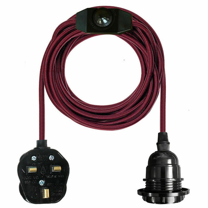 4M Fabric Flex Cable UK Burgundy colour Plug In Pendant Lamp Light Set E27 Bulb Holder+ switch