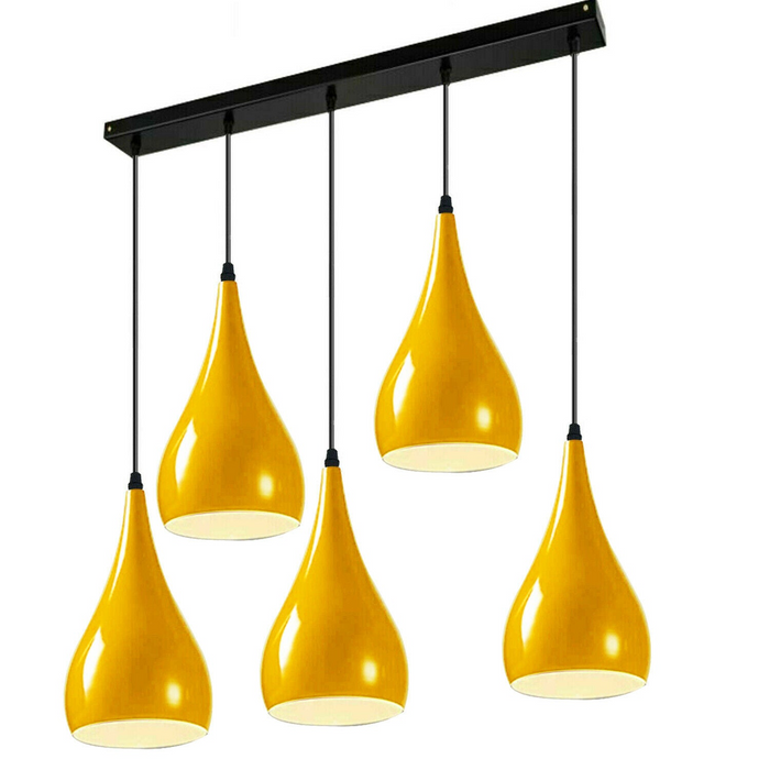 Gele plafondverlichting met 5 stopcontacten, zwarte hangende hanglamp