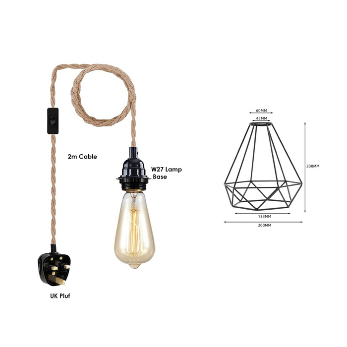 Fabric Hemp Flex Cable kit Plug In Pendant Lamp Light E27 Fitting Vintage Lamp