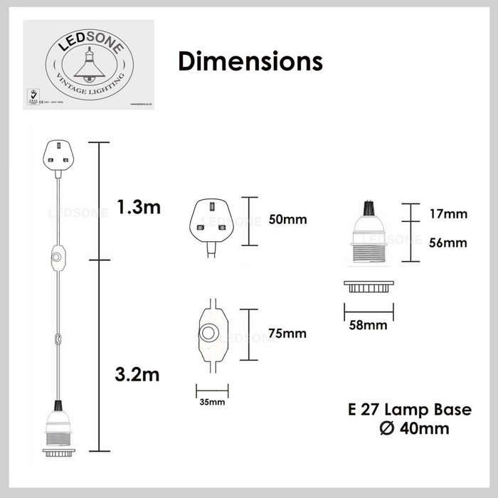 Black and White Color Dimmer Switch 4.5m Fabric Flex Cable Plug In Pendant Lamp E27 Holder
