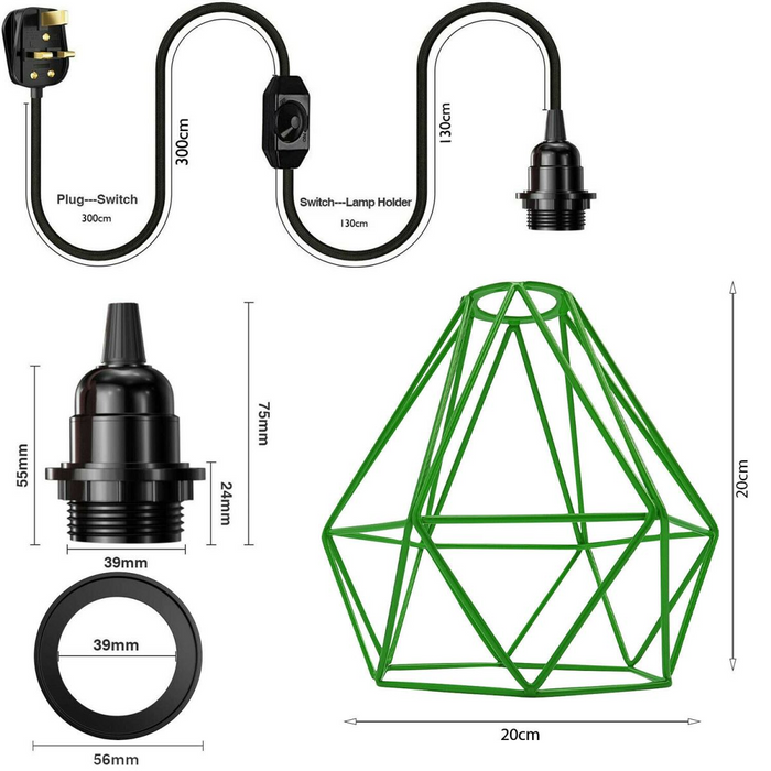 Zwarte dimmerschakelaar plug-in hanglamp groene diamanten kooi