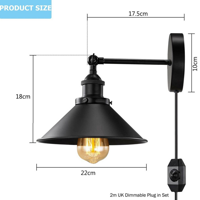 Black Plugin Wall Fitting Cone Metal Shade