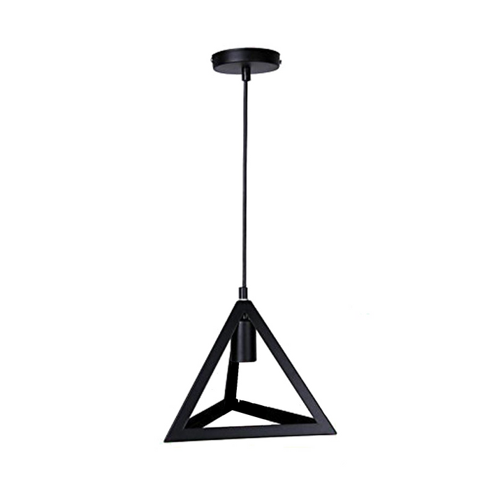 Zwarte driehoekige lamp met metalen draadframe. Lichte draadkooi