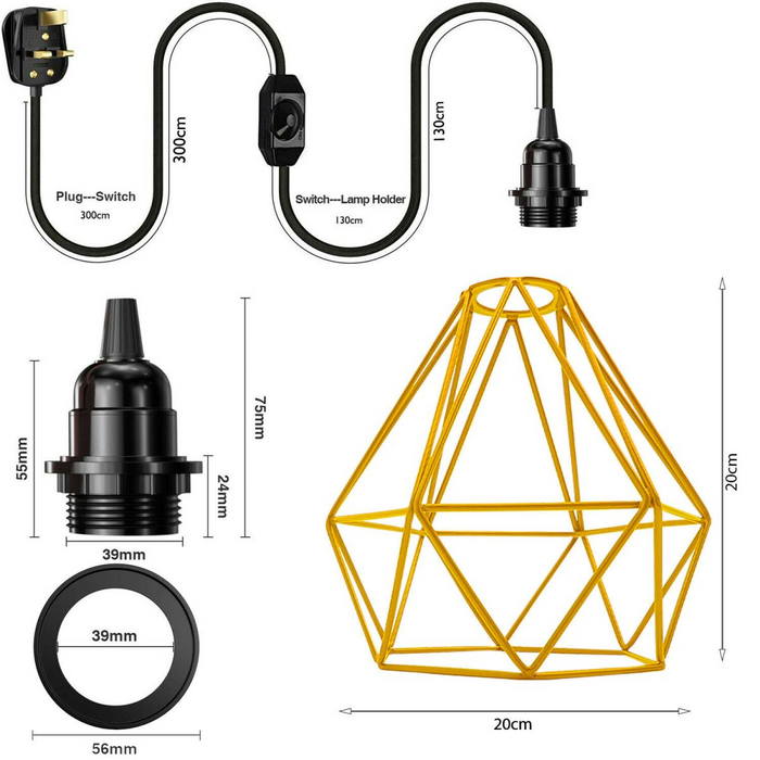 Dimmer Plug-in hanglamp lichtset met gele diamanten kap