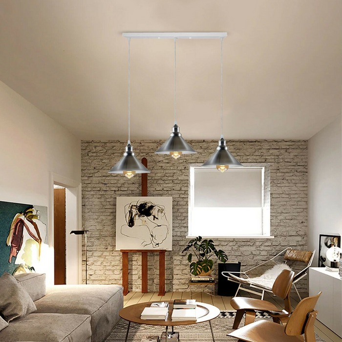 Modern Industrial Satin Nickel Indoor Hanging 3 Way Ceiling Pendant Light Metal Cone Shape Shade For Bar, Bedroom, Dining Room