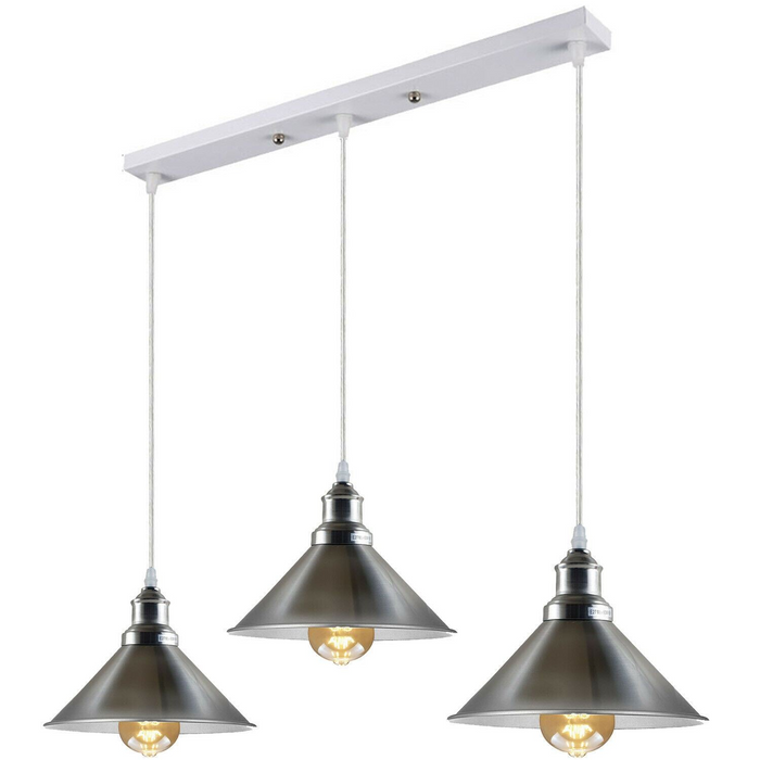 Modern Industrial Satin Nickel Indoor Hanging 3 Way Ceiling Pendant Light Metal Cone Shape Shade For Bar, Bedroom, Dining Room