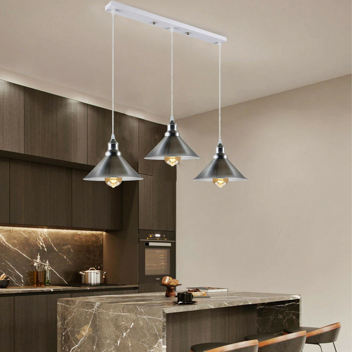 Moderne industriële satijnnikkel indoor hangende 3-weg plafond hanglamp metalen kegelvorm schaduw voor bar, slaapkamer, eetkamer