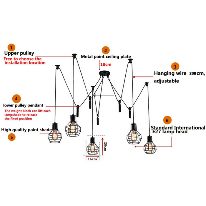 Spider Light industriële hanglamp met vijf kooien