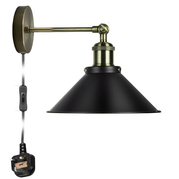 Vintage Retro Modern Plug In Wall Light Fitting Black Sconce with FREE Bulb Lamp shade fitting Shade Wall Light UK