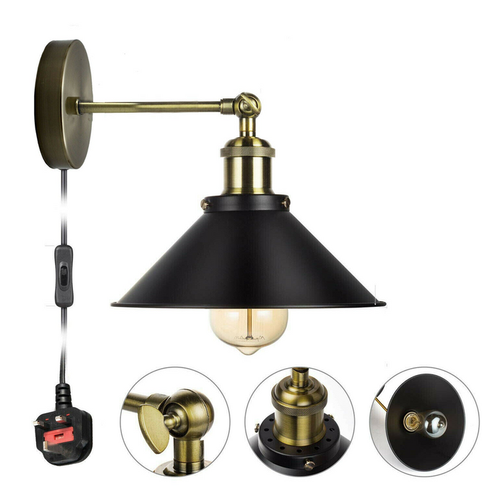 Vintage Retro Modern Plug In Wall Light Fitting Black Sconce with FREE Bulb Lamp shade fitting Shade Wall Light UK