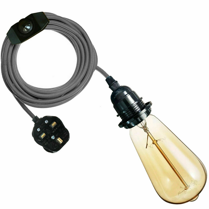 4M stoffen flexkabel UK grijze kleur plug-in hanglamp lichtset E27 lamphouder + schakelaar