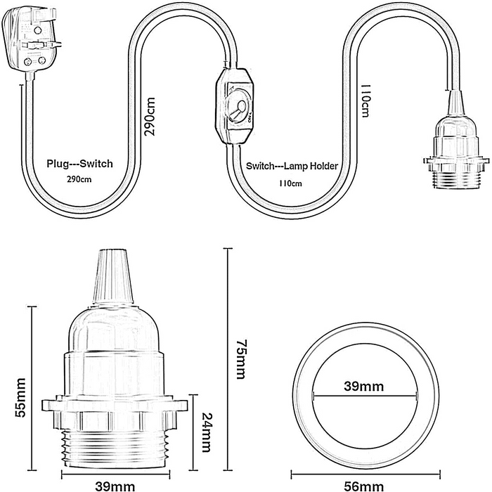 4M Fabric Flex Cable UK Grey colour Plug In Pendant Lamp Light Set E27 Bulb Holder+ switch