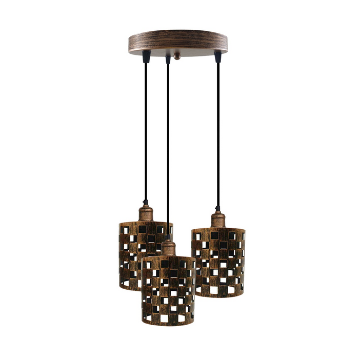 Industrial Vintage Retro light 3 way Brushed Copper cage pendant Round ceiling e27 base