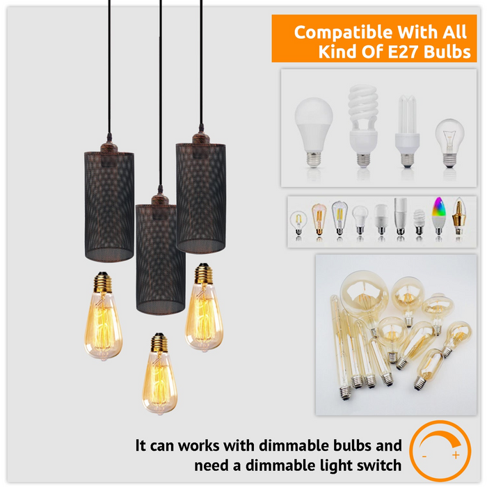 Industrial vintage Retro3 way Round ceiling Various colours cage pendant light E27 Uk Holder