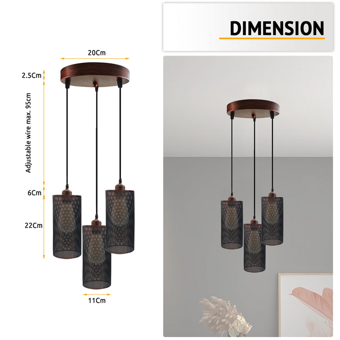 Industrial vintage Retro3 way Round ceiling Various colours cage pendant light E27 Uk Holder