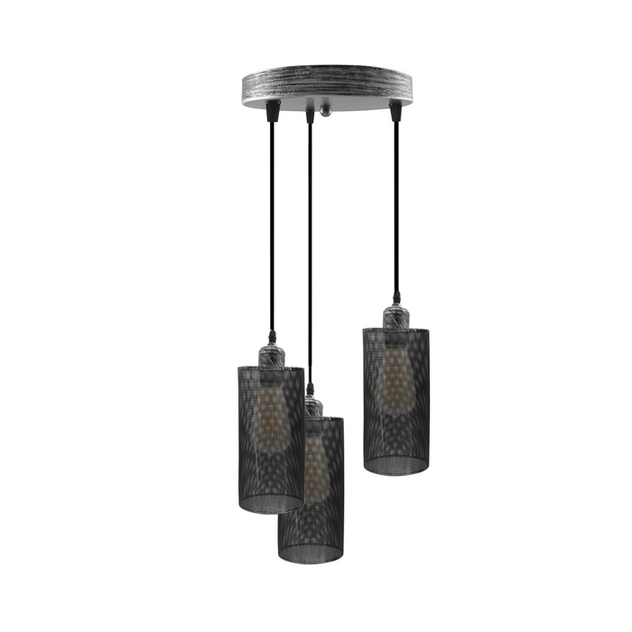 Industrial vintage Retro3 way Round ceiling Brushed Silver cage pendant light E27 Uk Holder